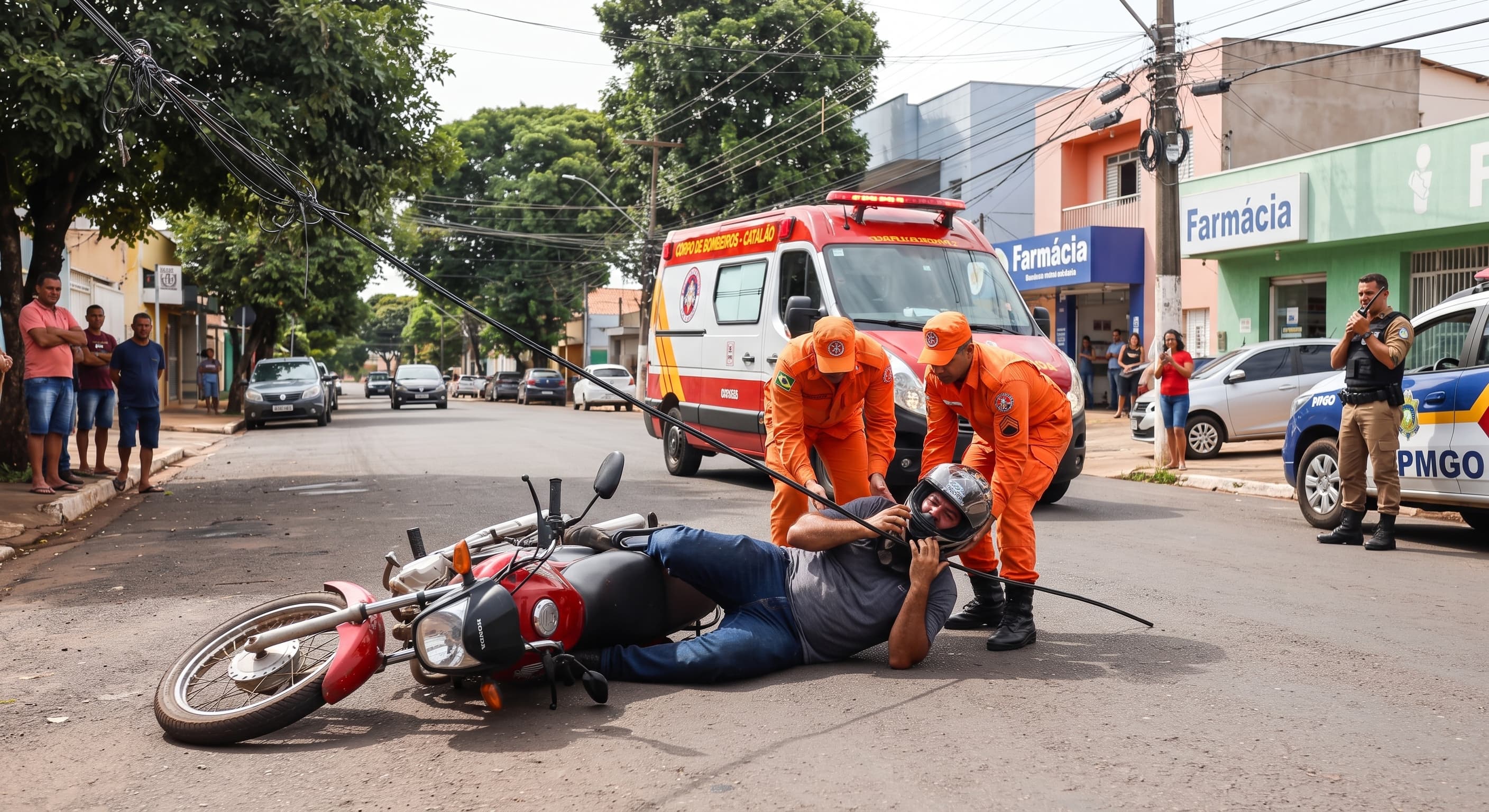 Cabo telefônico atinge pescoço de motociclista e quase provoca tragédia em Catalão
